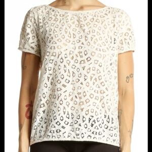 LOFT Ivory Cream Lace Overlay Embroidered Short Sleeve Blouse Boho EB3